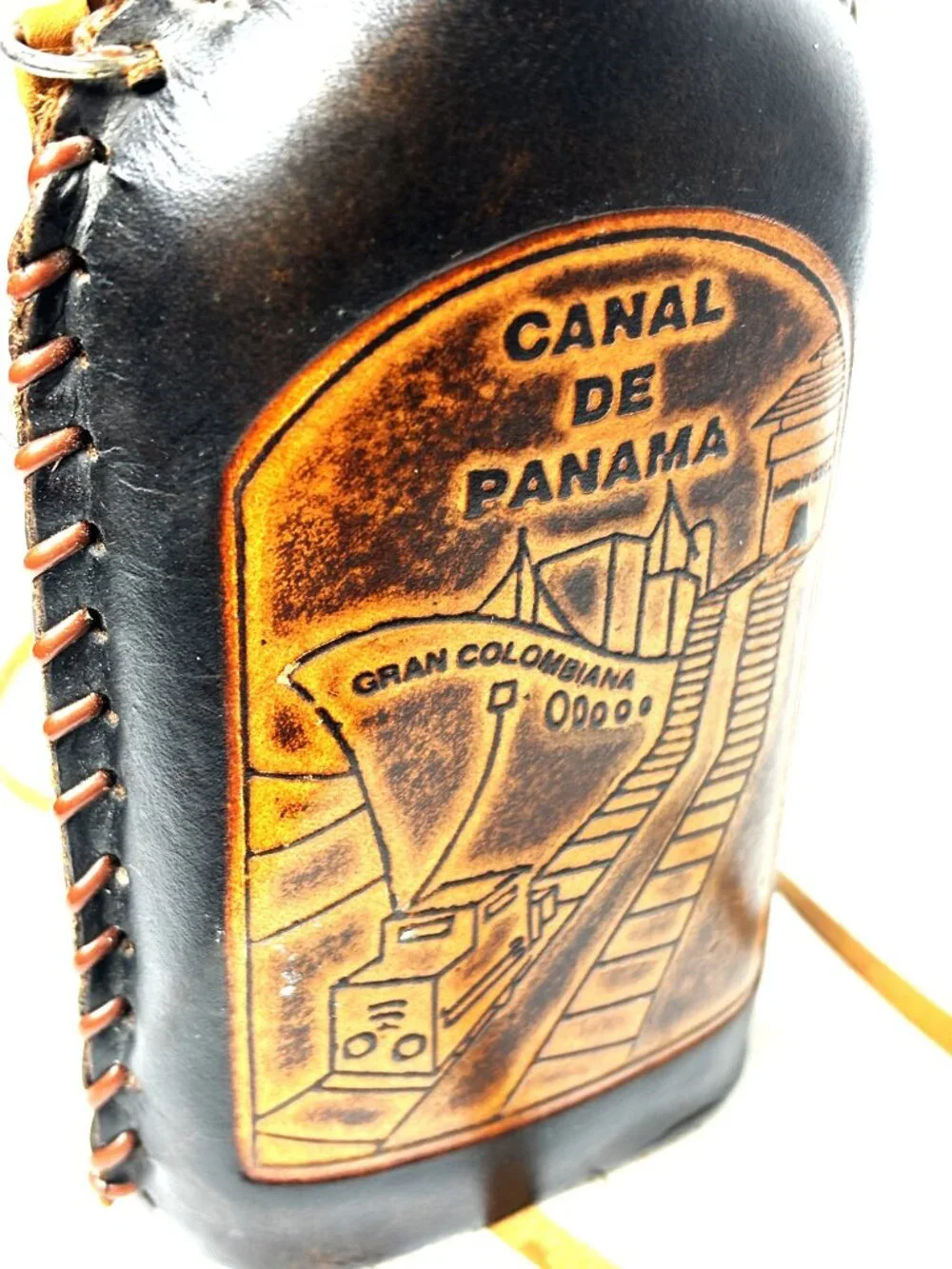 VTG Panama Leather Wrapped Glass Bottle Hand Tooled Souvenir Flask Decor